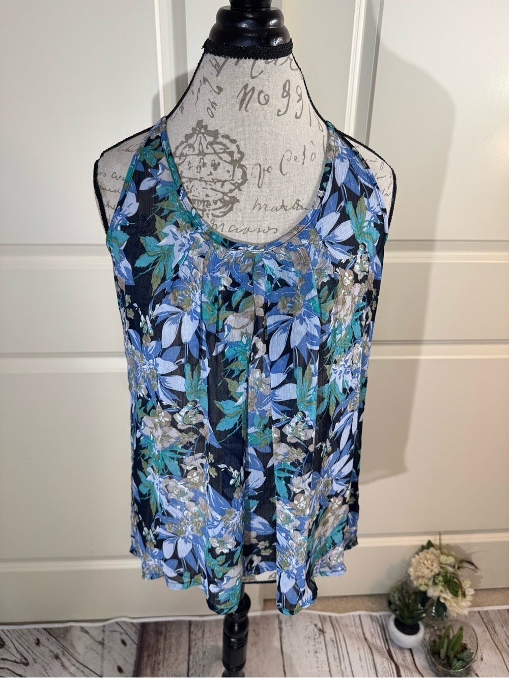 Express Floral Blue and Green Racer Back Sheer Hi Lo Tank Top Medium